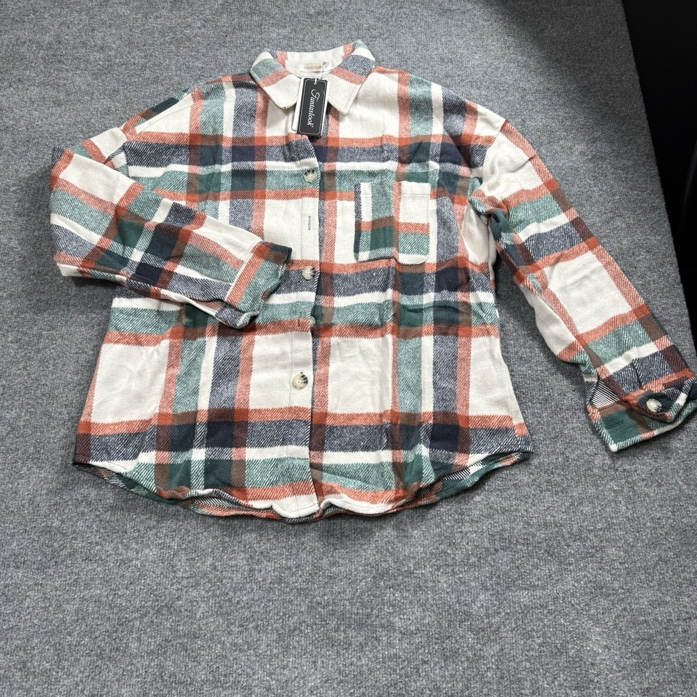 Fantaslook Plaid Button Down Flannel Shirt Jacket Shacket Cream Green Orange NWT